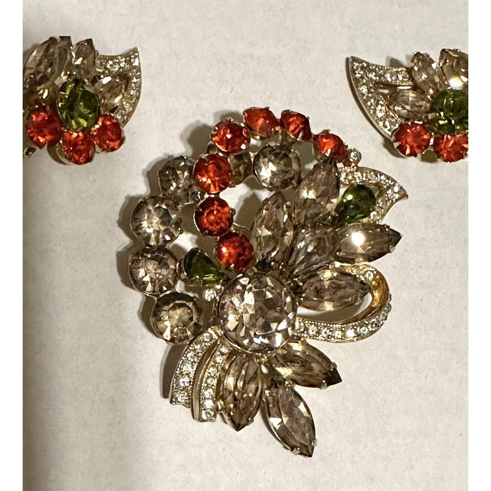 Vintage Eisenberg Ice Orange Amber Rhinestone Brooch & Earrings Set